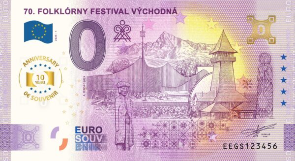 0 euro souvenir 70. Folklórny festival Východná 2025-1 anniversary 10th bankovka slovensko