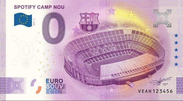 0 euro souvenir Spotify Camp Nou 2023-2 spain fc barcelona banknote