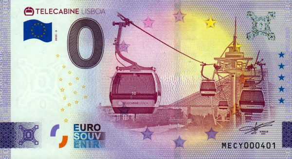 0 euro souvenir Telecabine Lisboa 2023-3 portugal banknotes