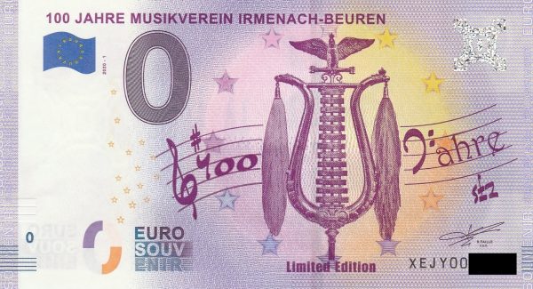 0 euro souvenir banknote 100 Jahre Musikverein Irmenach Beuren 2020-1 germany schein