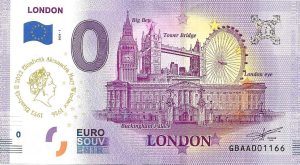 0 euro souvenir banknote london 2020-1 Elizabeth II 2022 stamp