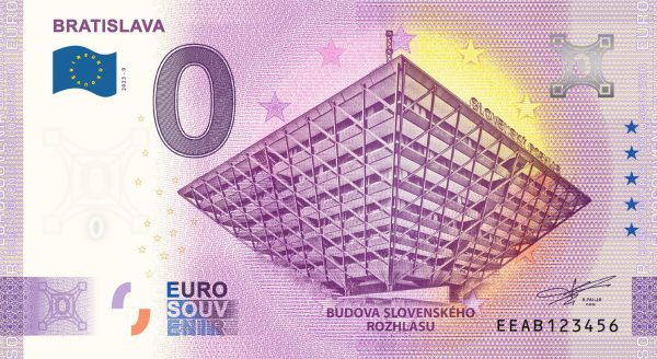 0 euro souvenir bankovka Bratislava 2023-9 Budova Slovenskeho rozhlasu