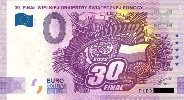 30. Final Wielkiej Orkiestry Swiatecznej Pomocy 2022-1 0 euro souvenir banknotes poland