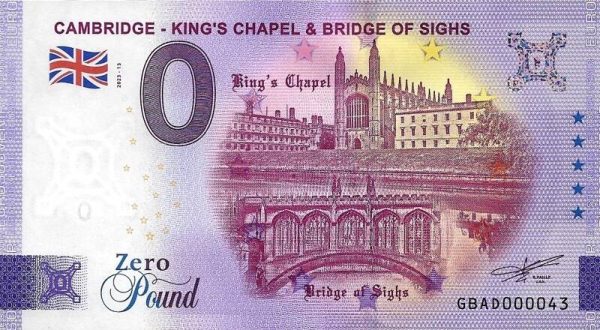 Cambridge – King's Chapel & Bridge of Sighs 2023-13 0 pound souvenir banknote britain