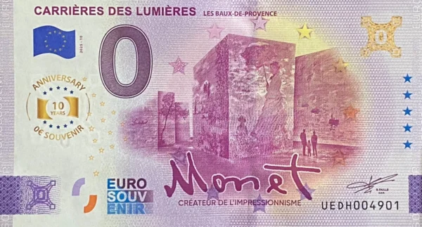 Carrières des Lumières 2025-10 MONET anniversary 0 euro souvenir banknotes france
