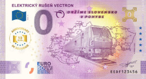 Elektrický rušeň Vectron 2025-4 anniversary 0 euro souvenir bankovka slovensko