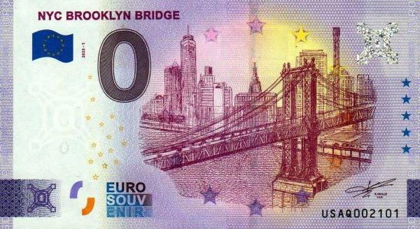 NYC Brooklyn Bridge 2023-1 0 euro souvenir banknotes usa