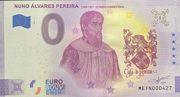 Nuno Álvares Pereira 2021-1 0 euro souvenir banknotes portugal
