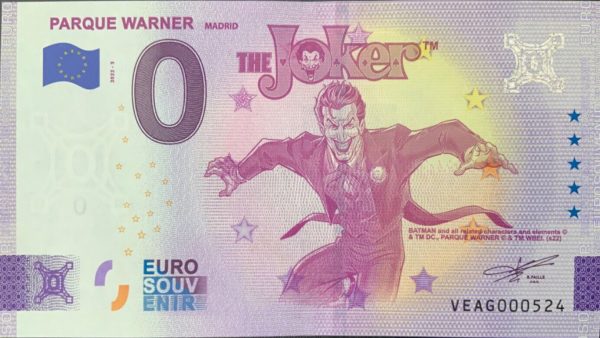 Parque Warner 2022-3 Madrid – The Joker 0 euro souvenir banknotes spain