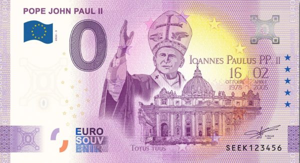 Pope John Paul II 2022-3 0 euro souvenir banknotes italy