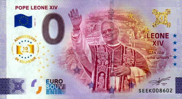 Pope Leone XIV 2025-11 0 euro souvenir banknotes italy 10 anniversary