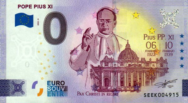 Pope Pius XI 2022-8 0 euro souvenir banknotes italy
