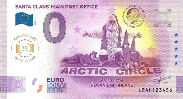 Santa Claus Main Post Office 2025-3 anniversary 0 euro souvenir banknotes finland