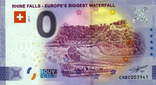 rhine falls – europe´s biggest watterfall 2022-2 0 euro souvenir banknotes switzerland